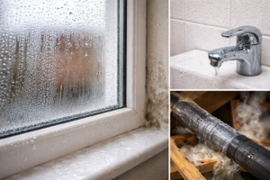 Water droplets forming on windows and cold surfaces