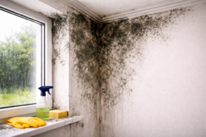 Black mould growth on walls, ceilings, or window reveals